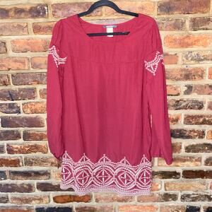 West 36th Maroon Red Embroidered Long Sleeve Tunic Top Women's Size Small
